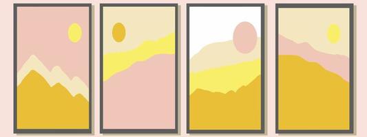 abstrakte minimalistische Poster in trendigen Farben. Landschaft Berge und Sonne. Vektor-Illustration. Kartenvorlage vektor