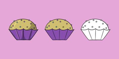 en horisontell uppsättning av bilder. runda muffin med flerfärgad runda socker smulor i en lila kopp, vektor illustration i tecknad serie stil på en färgad bakgrund