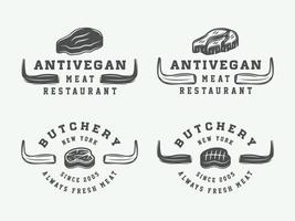 uppsättning av årgång butchery kött, biff eller bbq logotyper, emblem, märken, etiketter. svartvit grafisk konst. vektor illustration.