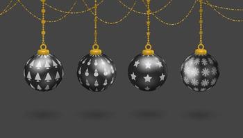 svart hängande boll dekoration uppsättning, med olika symbol mönster, snögubbe, jul träd, stjärnor och snöflingor, jul dekorativ realistisk 3d vektor