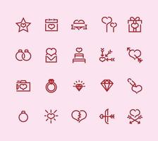 Lycklig valentine dag enkel linje ikoner vektor uppsättning platt isolerat röd, ikon uppsättning översikt ikoner samling. enkel vektor illustration på hjärtans dag, minimal linje webb ikoner.