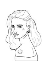 linje konst porträtt av skön ung kvinna med piercingar och tatueringar. kvinna ansikte detaljerad illustration. färg bok. vektor