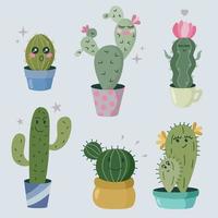 uppsättning tecknad serie tecken kaktusar med Lycklig ansikte vektor