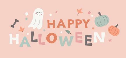 süße happy halloween banner grußkarte mit lustigem geist, kürbis und sternen vektor