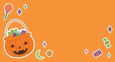 Halloween-orangefarbener Hintergrund. Kürbislaterne, Süßigkeiten und Sternaufkleber. Website-Banner, Grußkarten vektor