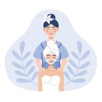 platt illustration av spa och själv vård. kosmetolog och en flicka i en mask vektor