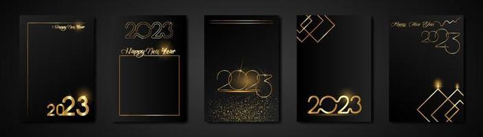 uppsättning kort 2023 Lycklig ny år guld textur, gyllene lyx svart modern bakgrund, element för kalender och hälsningar kort eller jul tema vinter- Semester inbjudningar med geometrisk dekorationer vektor