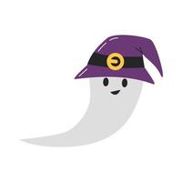 freundliche Boo-Phantom-Silhouette, die im Hexenhut fliegt, isoliert auf weiß. süßer lächelnder geist mit lila zaubererzubehör. lustiger halloween-geistcharakter. kreatur handgezeichnete flache vektorillustration vektor