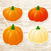pumpa klistermärke uppsättning för halloween eller tacksägelse. söt klistermärken med grönsaker på en trä- bakgrund. vektor illustration.