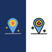 Kartennavigation Haus Symbole flach und Linie gefüllt Symbolsatz Vektor blauen Hintergrund
