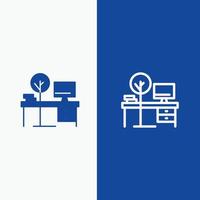 Komfort-Schreibtisch Büroplatz Tischlinie und Glyphe solides Symbol blau Bannerlinie und Glyphe solides Symbol blau vektor