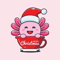 süßer axolotl mit weihnachtsmütze in der tasse. nette weihnachtskarikaturillustration. vektor