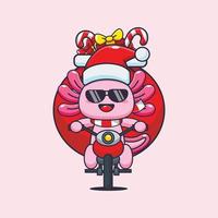 süßer axolotl mit weihnachtsgeschenk mit motorrad. nette weihnachtskarikaturillustration. vektor