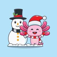 süßer axolotl, der mit schneemann spielt. nette weihnachtskarikaturillustration. vektor