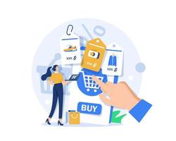 konsument se, välja och köpa mode objekt på e-handel marknad på dator skärm, platt design ikon vektor illustration