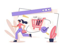 verbraucheransicht, wählen und kaufen modeartikel auf dem e-commerce-marktplatz auf dem computerbildschirm, flache designikonenvektorillustration vektor