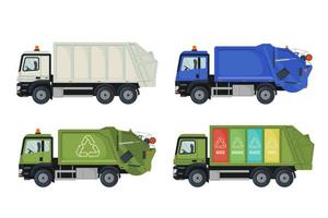 Reihe von Müllwagen-Icons im flachen Stil isoliert auf weißem Hintergrund. Fahrzeug für die Öko-Abfallsammlung. Konzept wiederverwenden, reduzieren, recyceln. Vektor-Illustration. vektor