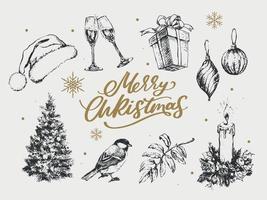 Fröhliche Weihnachten. frohes neues jahr, 2023. typografie-set. Vektorlogo, Embleme, Textdesign. verwendbar für Banner, Grußkarten, Geschenke etc. vektor