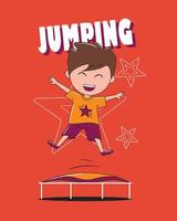 Lycklig pojke Hoppar på de trampolin vektor