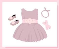 Urlaubsschuhe für Mädchen, Modellschuhe für Kinder. wunderschönes Ballkleid. Rock mit Tüll und Schleife. Prinzessinnen-Outfit. vektorillustration isoliert. vektor