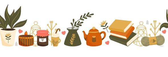 Hygge-Herbst- und Wintermuster-Grenzdesign. süßes und gemütliches nahtloses Wiederholungsbanner des Vektors. illustration von schals, handschuhen, kaffee, winterwaldlaub und sternen. vektor