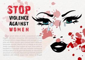 Gesicht der Frau mit Slogan des internationalen Tages zur Beseitigung von Gewalt gegen Frauen Briefe, Beispieltexte auf rotem Farbspritzer und weißem Papiermusterhintergrund. vektor