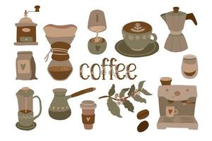 großes Kaffeeset, Kaffeemaschinen, Kaffeemaschinen, Pflanzen und Bohnen vektor