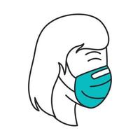 covid 19 coronavirus, frau mit medizinischer maske, prävention verbreitet ausbruchskrankheit pandemielinie und füllstilsymbol vektor