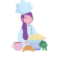 Bleib zu Hause, Köchin mit Nudelbrot-Brokkoli-Cartoon, Kochen in Quarantäne-Aktivitäten vektor