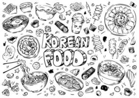 hand dragen vektor illustration. klotter koreanska mat, rullar, soppor, fisk, kimchi, spaghetti, ris, sashimi, kött, ägg, sallad, desserter.
