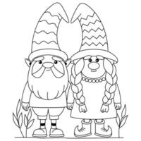 söt koppel gnome eller dvärg- tecknad serie karaktär översikt färg sidor vektor