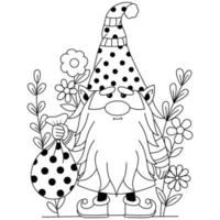 en söt gnome innehar en mynt väska med några blomma dekoration översikt färg sidor vektor