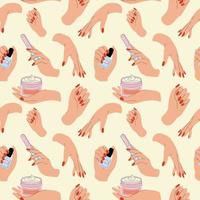 sömlös mönster med hand manikyr och vård. illustrationer för nagel kosmetika och skönhet spa salong. händer måla, fil naglar, innehav putsa och grädde, vektor uppsättning