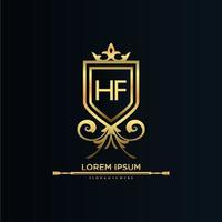 hf brev första med kunglig mall.elegant med krona logotyp vektor, kreativ text logotyp vektor illustration.