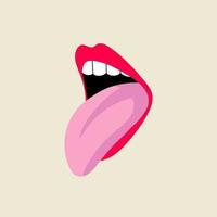 offener weiblicher menschlicher mund mit zunge, zähne in modernem flachen linienstil. handgezeichnete vektorillustration von lippen, offener mund, sexy zunge, leidenschaft, lecker. Modepatch, Abzeichen, Emblem vektor
