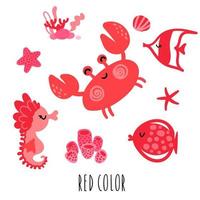 eine Reihe roter Objekte mit Meeresbewohnern. Rote Krabbe, Fisch und Seepferdchen mit Algen und Seesternen vektor
