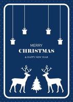 en enkel jul kort med silhuetter av rådjur, en jul träd och gåvor. vektor illustration