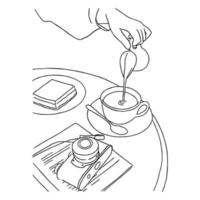 Strichzeichnungen minimal von Menschen, die Milch in Kaffee gießen, mit Kamera und Buch auf dem Tisch im Café, handgezeichnet im Doodle-Stil vektor