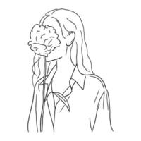 Strichzeichnungen minimal von einer Frau, die eine Blume in der Hand hält, gezeichnetes Konzept für die Dekoration, zeitgenössischer Doodle-Stil vektor