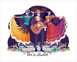 dag av död, dia de los muertos med en mariachi musiker skelett, och två kvinnor catrina dans på en mexikansk Semester fiesta fest. vektor illustration i platt stil