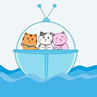 vektor av katt tecknad serie karaktär teckning, tre söt katter, brun vit rosa, i en blå glasögon kapsel båt flytande på de blå hav
