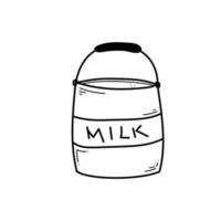 Doodle-Milchkanne mit Schriftzug, schwarze handgezeichnete Ikone. Skizzenzeichnung in dünner Linie. handgezeichnete illustration für milchprodukte vektor