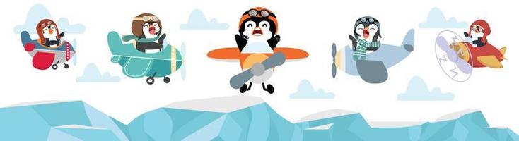 lustiger pilot pinguin fliegender flugzeugsatz vektor
