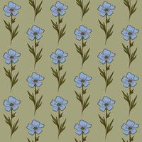 olivgrüner Vektor nahtloser Hintergrund mit hellblauen Flachs-Wildblumen