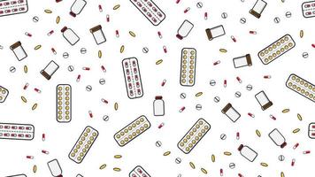 sömlös mönster textur av ändlös repetitiva medicin tabletter piller dragee kapslar uppgifter burkar av förpackningar med mediciner vitaminer läkemedel på en vit bakgrund platt lägga topp se. vektor illustration