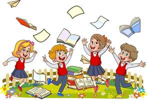 Lycklig söt liten barn pojke och flicka studie med lärare.illustrationer av glad barns skola liv. vektor
