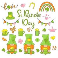 Reihe von Cliparts zum Servieren von Bannern, Karten, Einladungen. große sammlung für st.patrick 's day. Gnome, Leopardenhut, Regenbogen, Kleeblatt. flache vektorillustration der karikatur vektor