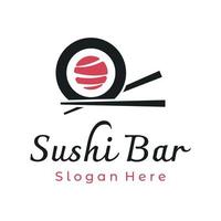 sushi logo template design.seafood oder traditionelle japanische küche mit lachs, leckeres essen.logo für japanisches restaurant, bar, sushi-shop. vektor