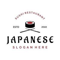 sushi logotyp mall design.skaldjur eller traditionell japansk kök med lax, utsökt food.logotyp för japansk restaurang, bar, sushi affär. vektor