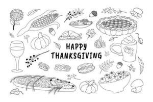 Reihe von Thanksgiving-Cliparts. handgezeichnete niedliche und lustige Thanksgiving-Doodle-Symbole für Design vektor